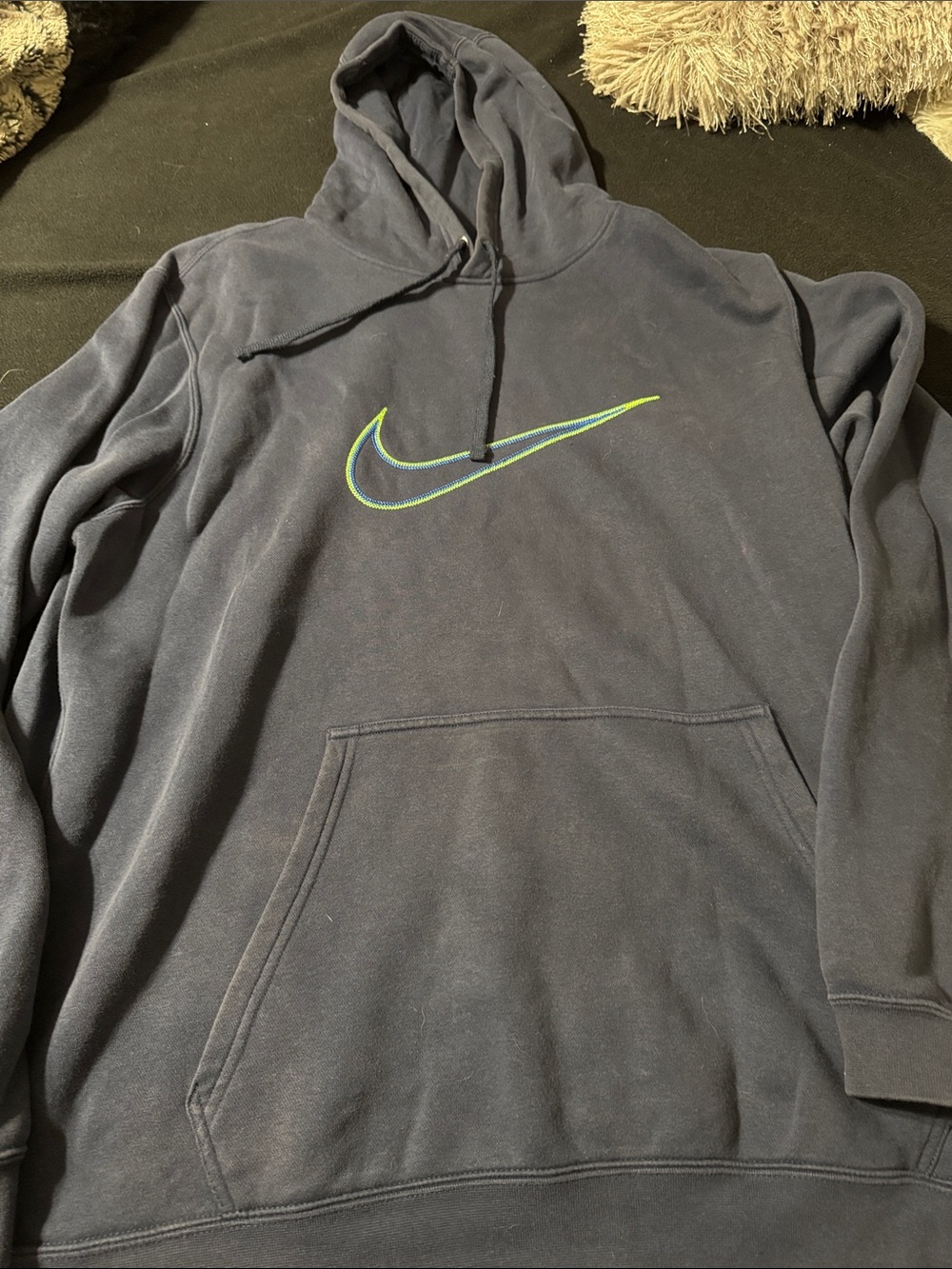 Nike Men's Dark Blue Hoodie with Neon Green & Teal Swoosh